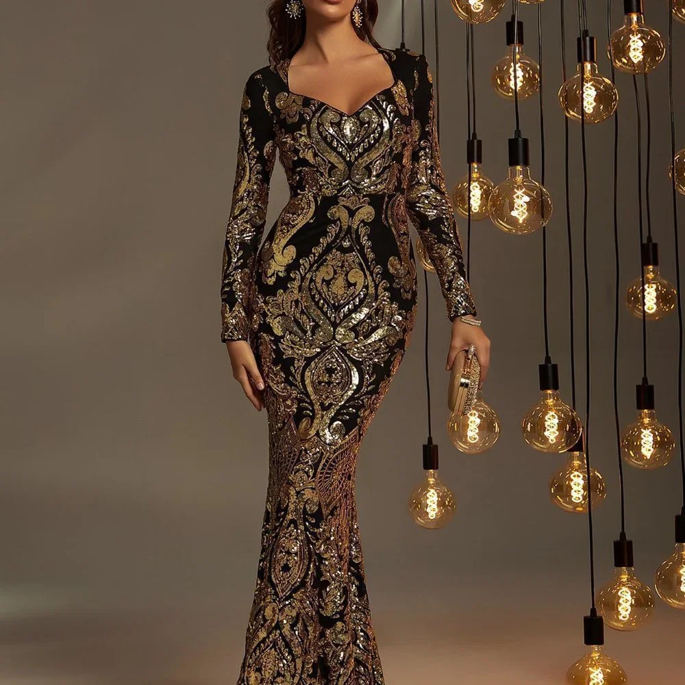 Gold Preppy Womens Sweetheart Neck Sequin Mermaid Prom Dress - Picture 4 of 5